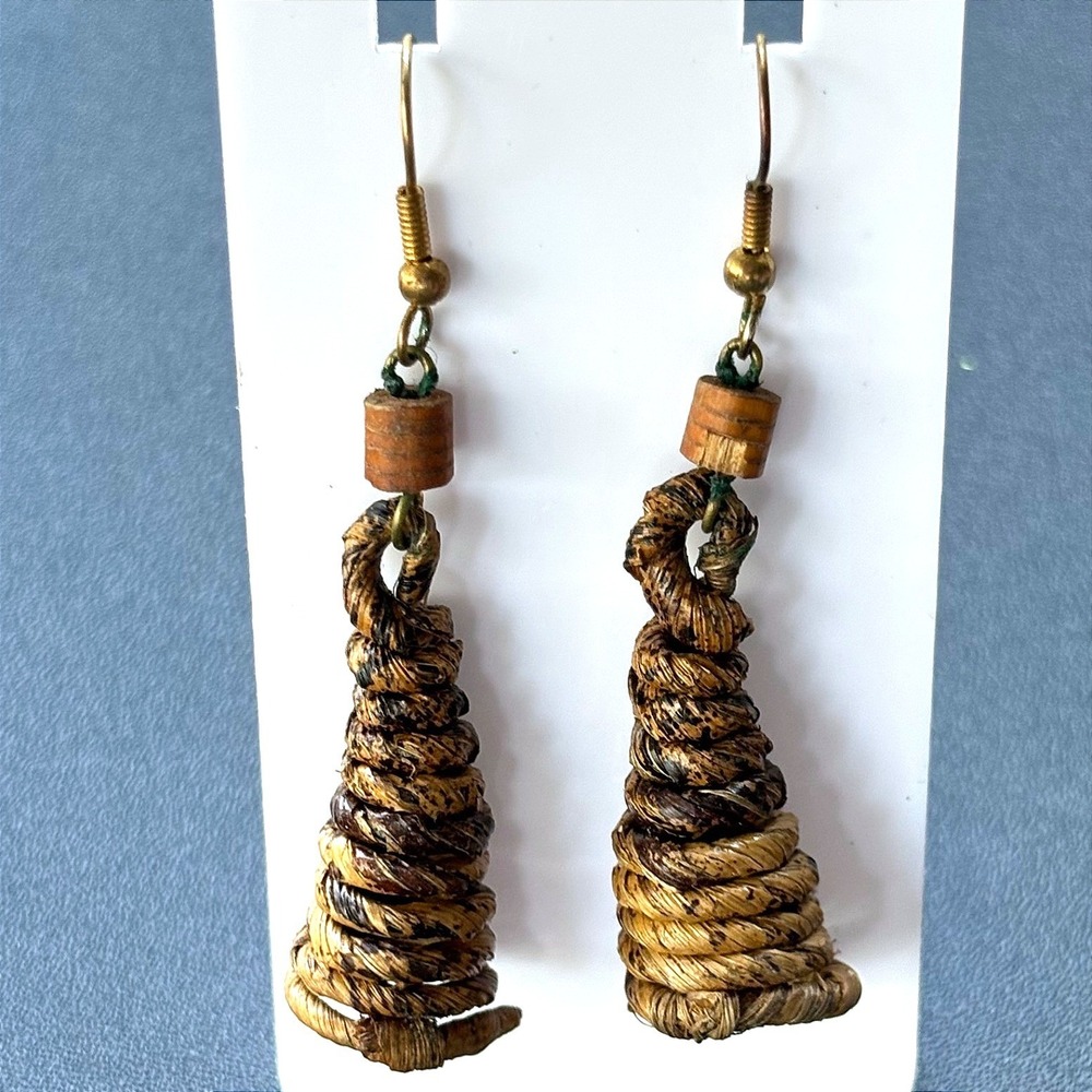 Handmade Woven Raffia Spiral Cone Drop Earrings Wood Bead Brown Boho Tribal